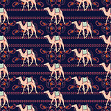 Vector seamless pattern with camels and oriental decorative motifs.