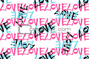 Seamless pattern with hand writtenl ettering LOVE on a white background. Romantic backdrop. Calligraphy vector illustration collection.