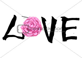 Hand written lettering LOVE and beautiful rose flower for valentines day design poster, greeting card, photo album, banner. Calligraphy vector illustration collection.