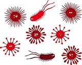 Set of cute funny bacterias, germs in cartoon style isolated on white background. Bad microbes.