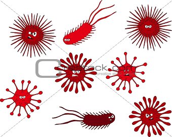 Set of cute funny bacterias, germs in cartoon style isolated on white background. Bad microbes.