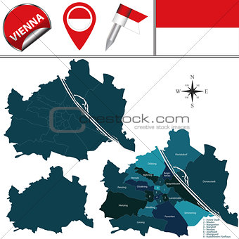 Map of Vienna, Austria with Named Districts