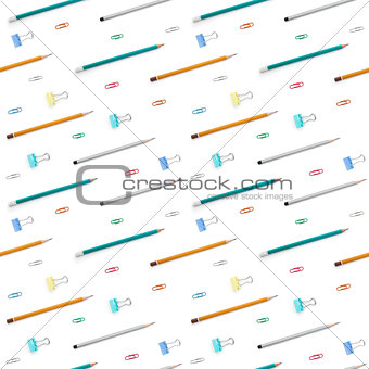 Flat lay with bright stationery supplies on white background. Seamless pattern.