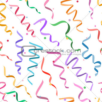 Seamless decorative pattern with serpentines and confetti, colorful ribbons without background, vector streamer background