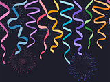 Seamless horizontal decorative serpentines with fireworks on dark background, vector colorful ribbons and celebration salute for footer and banner