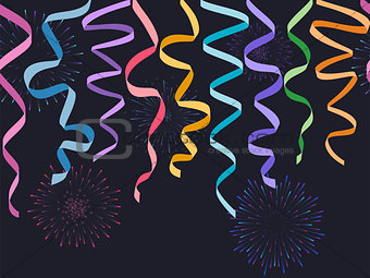 Seamless horizontal decorative serpentines with fireworks on dark background, vector colorful ribbons and celebration salute for footer and banner