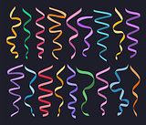 Set of different decorative serpentines, colorful ribbon collection on dark background, vector illustration