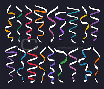 Set of different decorative serpentines, colorful ribbon collection on dark background, vector illustration