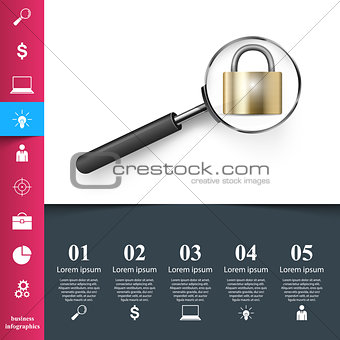 Business infographics. Loupe, lock  icon.