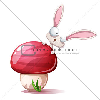 Cartoon funny, cute rabbit and mushroom.