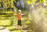 Boy playing with a sprinkler in the garden