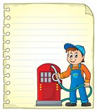 Notepad page with gas station worker