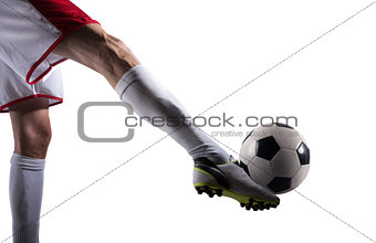 Soccer player with soccerball ready to play. Isolated on white background