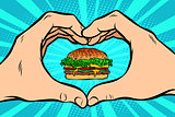 Burger, hand gesture heart