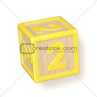 Number 2 TWO wooden alphabet blocks font rotated. 3D
