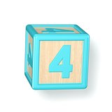 Number 4 FOUR wooden alphabet blocks font rotated. 3D
