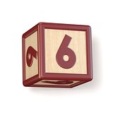 Number 6 SIX wooden alphabet blocks font rotated. 3D