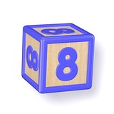 Number 8 EIGHT wooden alphabet blocks font rotated. 3D