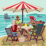 Two couples eating on tropical beach