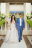 beautiful happy young bride and groom celebrating wedding