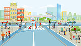 Road junction with pedestrian and car traffic, illustration