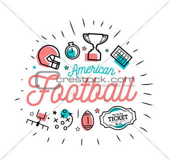 American football. Vector illustration in the style of thin lines with flat icons