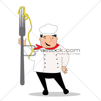 Happy cook with hat in uniform. Chef with big fork.