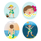 Four cards set with young woman in vacation.