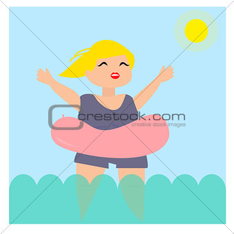 Young woman in the sea with pink rubber ring