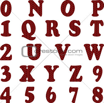 Red knitted alphabet on white background. Vector abc