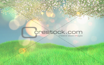 3d retro styled image of cherry blossom and grassy landscape