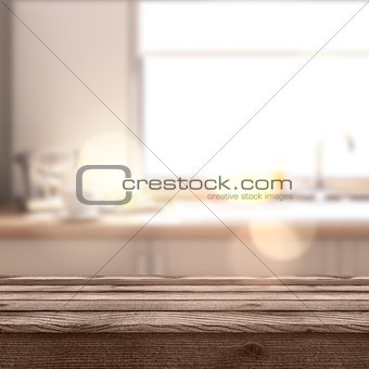 3D rustic table looking out to a defocussed modern room