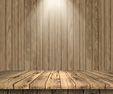 3D wooden table looking out to a wooden wall with spotlight shin