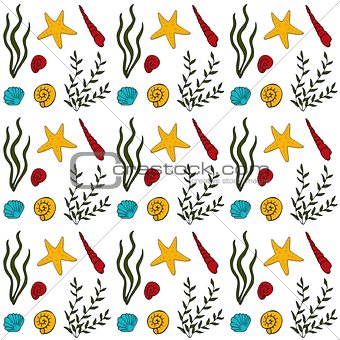 Seamless pattern with seashells, seaweed and starfishes. Marine background.