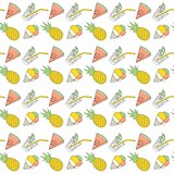 Colorful summer seamless pattern with tropical fruits and ice cream. Vector.