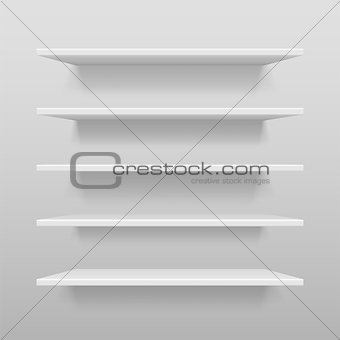 Empty white shop or exhibition shelf, retail white shelves mockup. Realistic vector bookshelf with shadow on wall, 3d Bookshelf store or shop vector illustration
