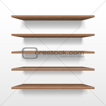 Empty wooden shop or exhibition shelf, retail shelves mockup isolated. Realistic wooden bookshelf with shadow on wall, 3d Bookshelf store or shop vector illustration