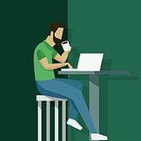 Vector illustration in flat style with business man character - guy sitting at the desk with laptop - start up, freelance and outsource work concept