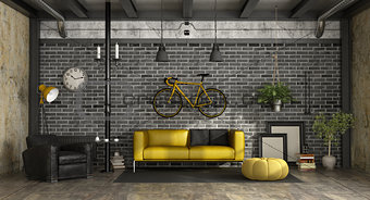 Black and yellow living room in a loft