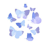 Design, set of blue silhouettes watercolor butterflies isolated on white background.