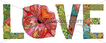 Word LOVE with lips silhouette. Vector decorative zentangle object