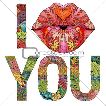 Words I kiss you with lips silhouette Vector decorative zentangle object