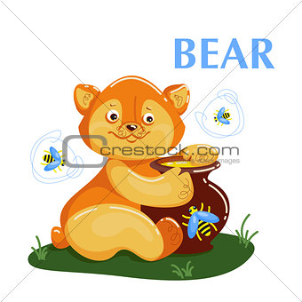 Educational flashcard bear eating the honey and flying bee
