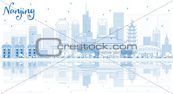 Outline Nanjing China City Skyline with Blue Buildings and Refle