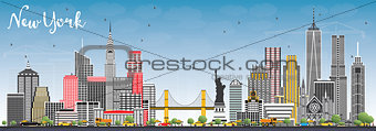 New York USA City Skyline with Gray Skyscrapers and Blue Sky. 
