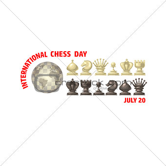 International Chess Day card. Chess pieces. Vector,