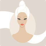 Beautiful woman keep hair wrapped in a towel. SPA banner design template,hand drawn vector illustration.