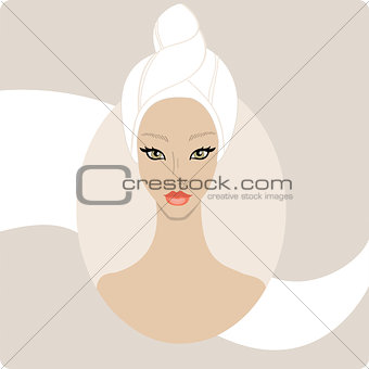 Beautiful woman keep hair wrapped in a towel. SPA banner design template,hand drawn vector illustration.