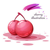 Cartoon cherry illustration with splatter juice.