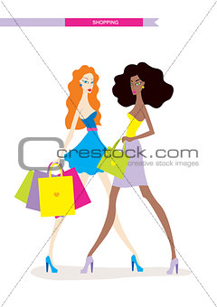 Beautiful young women with shopping bags isolated on white background